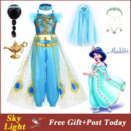 Jasmine Aladdin Magic Lamp Christmas Dress For Kids Girl Princess Halloween Carnival Clothing Set Top Pants Headband Wig Cloak Party Dresses