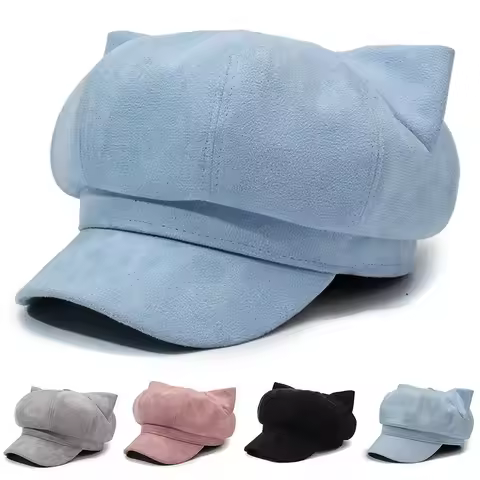 Women Cute Cat Ears Newsboy Cap Octagonal Beret Peaked Visor Hat Sweet Vintage Baker Boy Hat for Aut