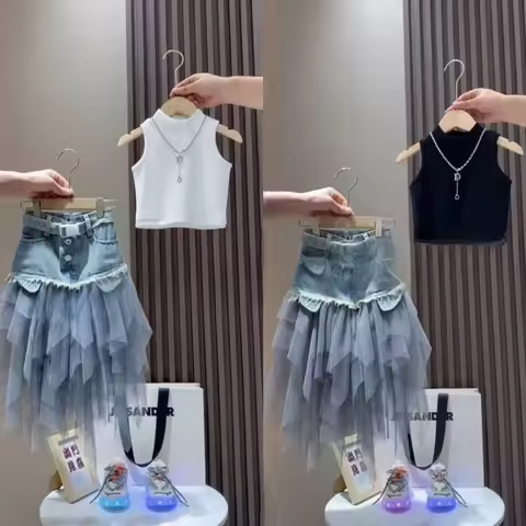Girls' Summer New Set 2026 Korean Version Baby Girl Tank Top Mesh Splicing Cowboy Skirt Set Kids Sum