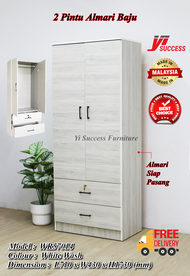 Yi Success 2 Door Wardrobe With 2 Drawer (Siap Pasang) / Particle Board Almari Baju / Almari Pakaian