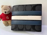 【Sunny Buy 精品館】◎現貨◎ Coach 3008 黑色防刮皮經典logo藍白橫條紋 男用短夾 附活動夾