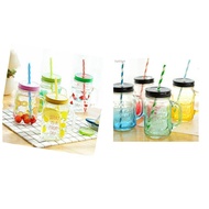 ◈500ml Colored Mason Jar With Reusable Straw Bottle Glass Mug Emboss Cold Drink Summer Collection✱