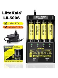 Liitokala Lii-500s液晶充電器,適用於3.7v 18650 18350 18500 21700 26700 20700 14500 26650 1.2v Aa Aaa Ni-mh Li-ion電池,具有觸控控制/4個充電通道/電池容量檢測/反接保護/短路保護/過充保護/過溫保護等功能。