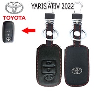 ปลอกกุญแจหนังแท้หุ้มรีโมทรถโตโยต้า  TOYOTA Yaris/Yaris Ativ ปี 2022 สมาร์ทคีย์ เคสหนังแท้หุ้มรีโมท ซองหนังแท้ใส่กุญแจกันรอยกระแทกสีดำด้ายแดง