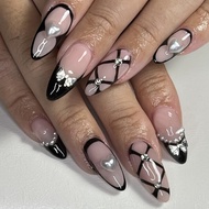 3D Press on Nails Medium Almond Fake Nails Black French Tips Acrylic False Nails Glossy Nails With H