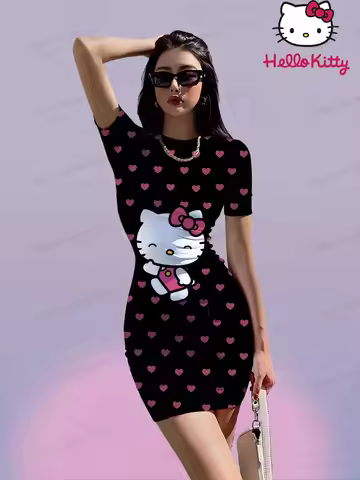 Kawaii Hello Kitty Women's Short Sleeve Hip Dress S-3XL O Neck Sanrio 2026 Young Girls Dresses Summe