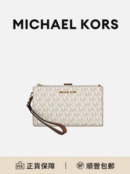 Michael Kors Jet Set Travel香草色PVC簽名徽標印花錢包時尚潮流[平行進口]