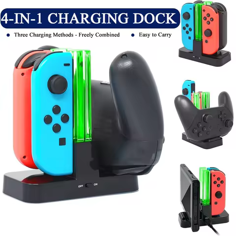 DOBE 4-In-1 Charging Dock for Switch Joy-Con/Switch Pro Controllers LED Charger Stand Dock Station I
