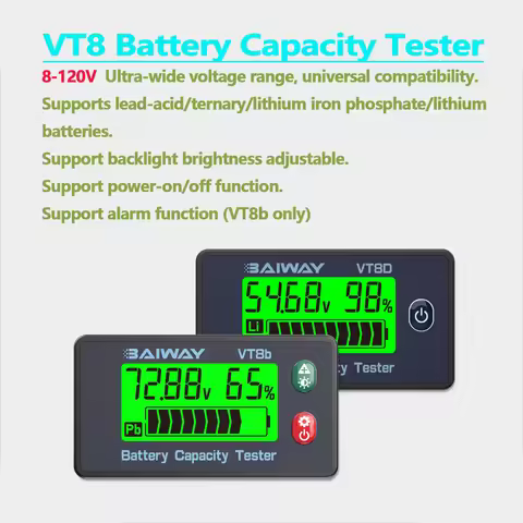 VT8 Battery Capacity Tester Indicator 8-120V Voltmeter Electric Vehicle Battery Gauge for Lead-Acid/