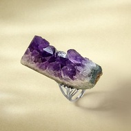 紫水晶活口戒指 原石標本 隨形西瓜片 晶柱晶簇手工指環 S925銀