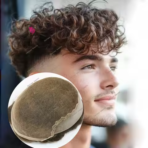 Invisible Hairline 20mm Natural Curly Brown 1B65 1B80 Black Grey Men Toupee Q6 Swiss Lace Front&PU M