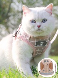 透氣貓胸帶和牽繩套裝，防逃漏格寵物衣服小貓狗寶寶背心，可調節方便控制，反光貓胸帶