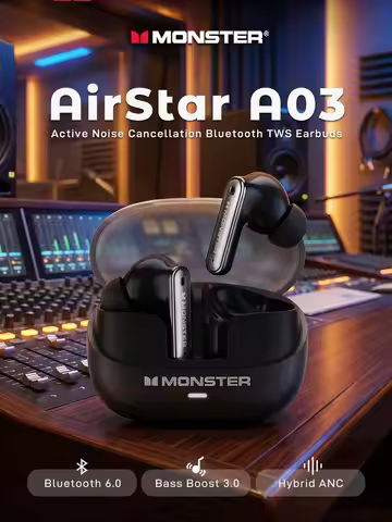 Monster AirStar A03 ANC Earbuds Powerful Deep Bass Bluetooth 6.0 TWS Wireless Earphone Hybrid Active