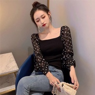 ULD-ข้อเสนอแบบจำกัดเวลา-คอสี่เหลี่ยมแผงลายจุดชีฟองบอลลูนแขนถัก 2023 ฤดูใบไม้ผลิรุ่นเกาหลีบางแสดงบางด