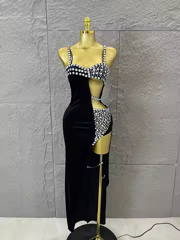 Luxury Glamorous Black Asymmetrical Velvet Rhinestone Dress Dinner Cocktail Event Party Stage Perfor