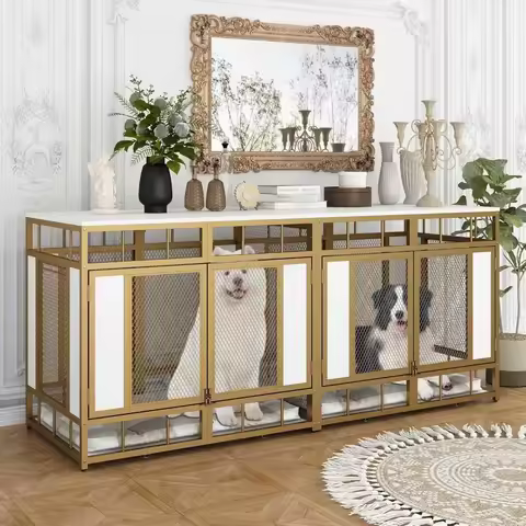 Dog Crate, 71" Wood Dogs Cage Kennel House Furniture with A Removable Divider, Indoor Dog Crate Tabl