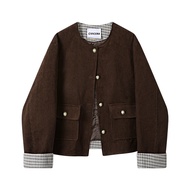 Áo Khoác Nhung Kẻ Ngắn Dày Rộng Rãi CIVICERA Phong Cách Hàn Quốc Cổ Tròn Tay Dài Mùa Thu Đông Màu Tr