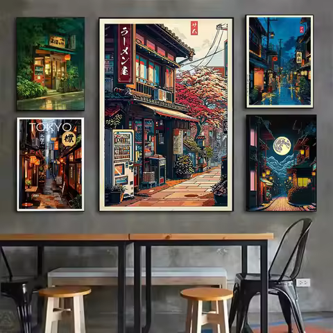 Japanese Tokyo Teahouse Poster Anime Cafe Shop Canvas Poster Ghibli Work Street Cafe Scene Wall Art 