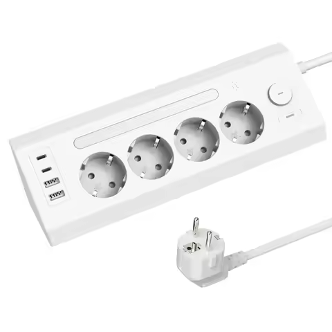 8-in-1 EU socket board with 2USB+2Type-C+ master control switch, 1.8-meter extension cord, and night