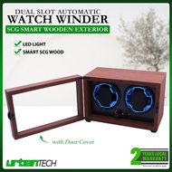 Dual Slot Automatic Watch Winder Wooden Exterior Watch Box with LED Light and Smart Wood - WALNUT