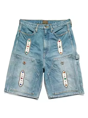 KAPITAL Japan 23SS New Blue-dyed Vintage Washed Loose-fitting Studded Gem Denim Shorts for Men
