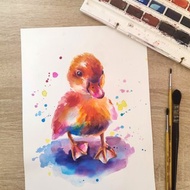 小鴨水彩畫多彩動物藝術小鴨插畫原創