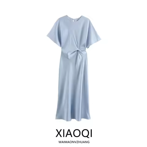 Fall 2024 New Women's Satin Feel round Ne ort Sve Dr Ele Faionable Single Piece ort Sve round Ne Dr