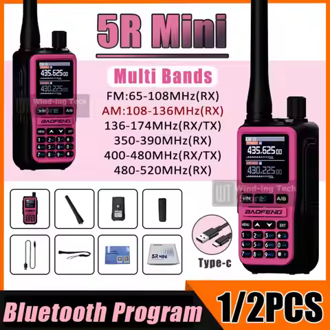 1/2PCS Baofeng UV-5R Two Way CB Radio Bluetooth Program AM FM Pink Walkie-Talkie Dual Band USB-C Cha