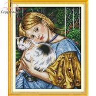 Girl Snd Cat (3) Cross Stitch Complete Set With Pattern Printed Unprinted Aida Fabric Canvas 11CT 14CT Stamped Counted Cloth With Materials DIY Needlework Handmade Embroidery Home Room Wall Decor Sewing Kit