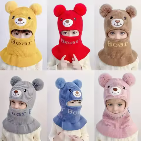 1-8Y warm and windproof knit cap, mask neck and hat 3in 1, autumn and winter ear protection cap, goo