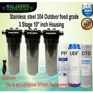 10" 3 Stage Stainless Steel Outdoor Water Filter Housing PP/UDF/CTO Stainless Steel Purifier Casing (pvc head)