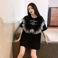 Fashion Sequin Stitching Lace Loose T-Shirt Women Summer Korean Version Round Neck Half-Sleeve Mid-Length Top