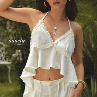 Augety Studio JAZZIE Top Ruffled Linen Camisole with Bow Tie Backless