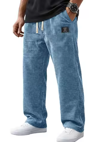 Men's Autumn Winter Loose Straight Cargo Pants Waffle Corduroy Plaid Solid Casual Long Trousers Outd