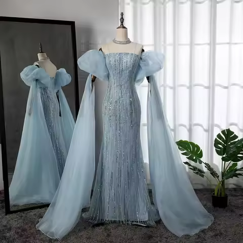 Serene Hill Customized Blue Mermaid Puff Sleeves Beaded Evening Dresses Dubai Elegant Party Gowns Fo