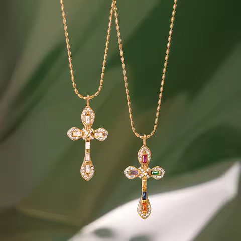Uworld Retro Zircon Cross Pendant Necklace 18K Gold Color Plated Stainless Steel Colorful Zircon Cro