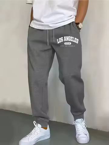 Men's Letter Printed Tapered Joggers Breathable Elastic Waist Casual Pants for Running, Daily & Home