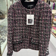 Chanel香奈兒 19P春夏經典粉紅綠混色花呢編織外套 圓領雙口袋 36碼 扣包