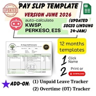Payslip Template + Overtime + Unpaid Leave Trackers, Auto-fill EPF, SOCSO, Payroll template, Excel.