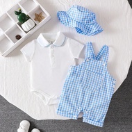 3 ชิ้น/เซ็ต ชุดนุ่มๆ แบบสุภาพสำหรับเด็กอ่อนผู้ชาย โรมเปอร์คอโปโล ติดกด กางเกงกระเป๋าลาย หมวกบัคเก็ต,