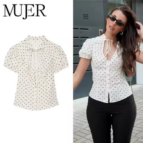 MUJER Polka Dot Tank Tops for Women Puff Sleeve Casual Tops Ladies Summer Beach Women's Tops Streetw