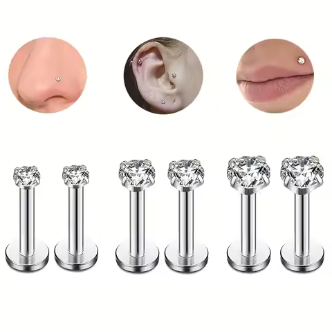 3Pairs Set 16G Stainless Steel CZ Lip Studs Labret Nose Tragus Helix Ear Piercing Jewelry 2/3/4.5mm 