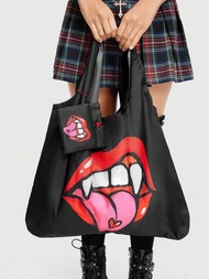Lucy 2入組時尚卡通印花唇形圖案收納袋,大容量可摺疊購物手提袋附有包