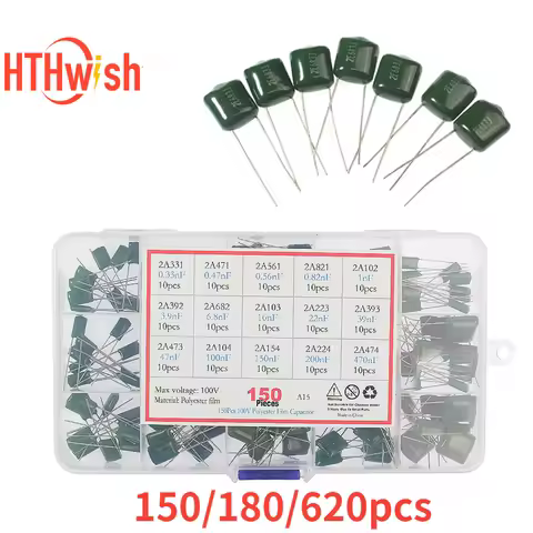 150/180/620PCS Polyester Film Capacitor Kit 100V 0.33NF-470NF 1nF 1.5nF 2.2nF 100nF 2A102J 2A333J 2A