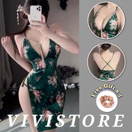 (40kg –60kg) Vivi Sexy Lingerie New Style Deep V Cheongsam Nightwear Dress Baju Seksi Wanita 性感开叉旗袍