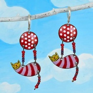 Cat Earrings, Enamel Cat Earrings, Lucky Cat, Fortune Cat Earrings, Cat Jewelry, Ball, Earrings With Polka Dots, Ball With Polka Dots,