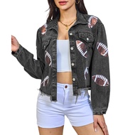 Women's Football Denim Jacket Cropped Distressed Varsity Game Day Sequin Basketball Jean Jacket Tops