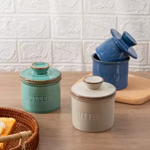 1pc ceramic yellow oil tank, unique kiln turned ceramic butter dish with lid, countertop butter stor