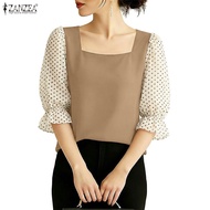 ZANZEA Women's Korean-French Style Squared Neck 3/4 Sleeve Puffed Sleeves with Ruffled Cuffs and Pol