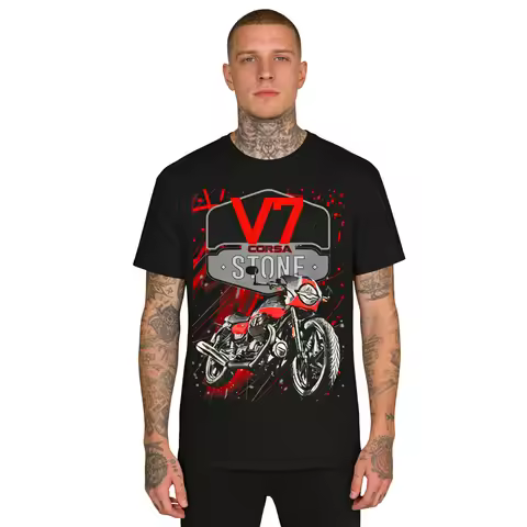 2026 New MOTO GUZZI V7 Motorcycle Style Print T-Shirt, Men's Loose Cotton Short Sleeve, Multi-Occasi